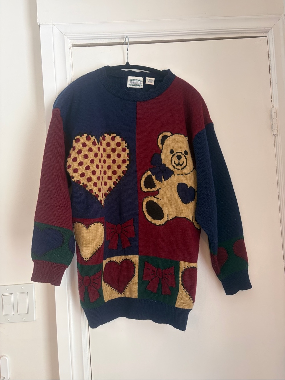 Teddy & Heart Colorblock Crewneck Sweater - Burgundy, Navy & Cream